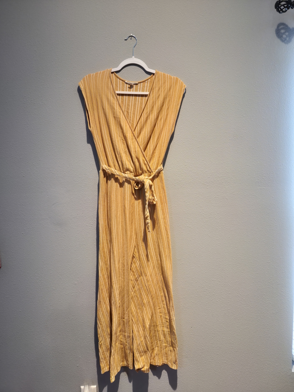 Caution To The Wind Yellow Striped Wrap Jumpsuit